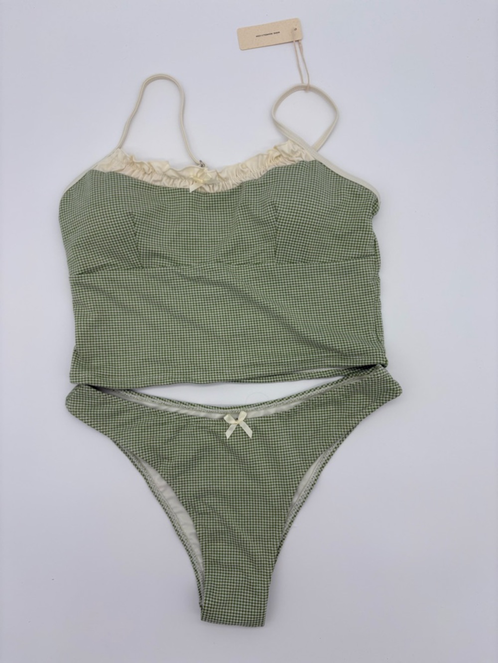 Green Gingham Tie-Front Bikini Set with Cream Trim NWT - Picture 7 of 11